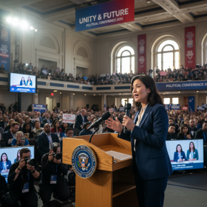 一位充滿自信的亞洲女性政治人物，在「UNITY & FUTURE POLITICAL CONFERENCE 2024」政治大會上發表演說。她身穿深藍色西裝，站在木質講台後方，右手指向上方，臉上帶著親切的笑容。講台前方裝飾著一個金色的美國總統徽章。演說現場有大量的觀眾，他們舉著寫有「VOTE FOR PROGRESS」等標語牌。會場上方懸掛著「UNITY & FUTURE POLITICAL CONFERENCE 2024」的橫幅。舞台兩側的螢幕也清晰顯示著演講者的畫面，還有兩位攝影師正在捕捉這場重要政治演說的精彩瞬間。