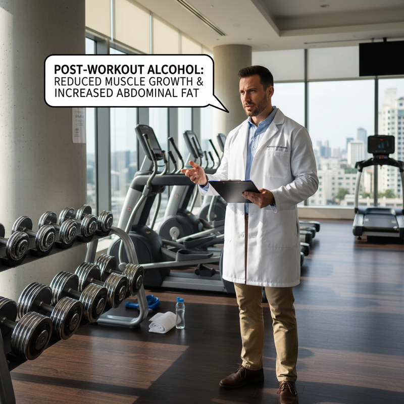 一位穿著白袍的醫生在健身房中，拿著文件夾向觀眾解說，強調運動後飲酒可能導致肌肉生長減少與腹部脂肪增加。