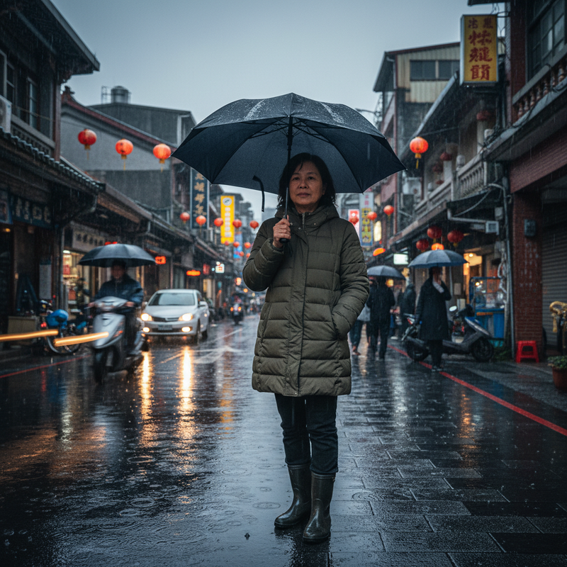 一位穿著軍綠色羽絨外套的台灣中年女性，手持黑色雨傘，站在下著雨的台灣老街上，地面積水反映著街燈與周遭建築。背景有許多行人和機車，展現了台灣潮濕多雨的日常街景。