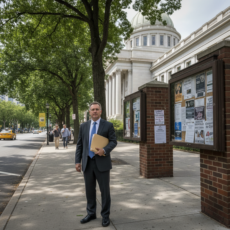 一名穿著深色西裝的專業律師，手持文件夾站在綠樹成蔭的城市街道旁，背景是氣勢宏偉的古典建築。他神情嚴肅地看向鏡頭，展現了法律專業人士的沉穩氣質。