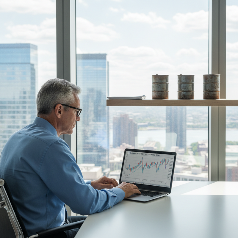 一位戴眼鏡的白人男性穿著藍色襯衫，專注地看著筆記型電腦螢幕上的股票市場圖表，背景是高樓林立的城市景觀。