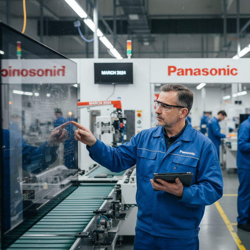 一位身穿藍色工作服的男性工廠技術人員，戴著安全眼鏡，手持平板電腦，專注地觸摸著工廠生產線上方的透明智慧螢幕，螢幕上顯示著電路板的數位介面，背景是現代化Panasonic電子產品製造工廠。