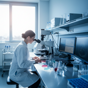 一位女性科學家在明亮的實驗室裡，專注地使用顯微鏡觀察樣品，桌面擺放著多個培養皿和實驗器材，牆邊的電腦螢幕也顯示著研究數據，畫面呈現科學研究的嚴謹與日常。