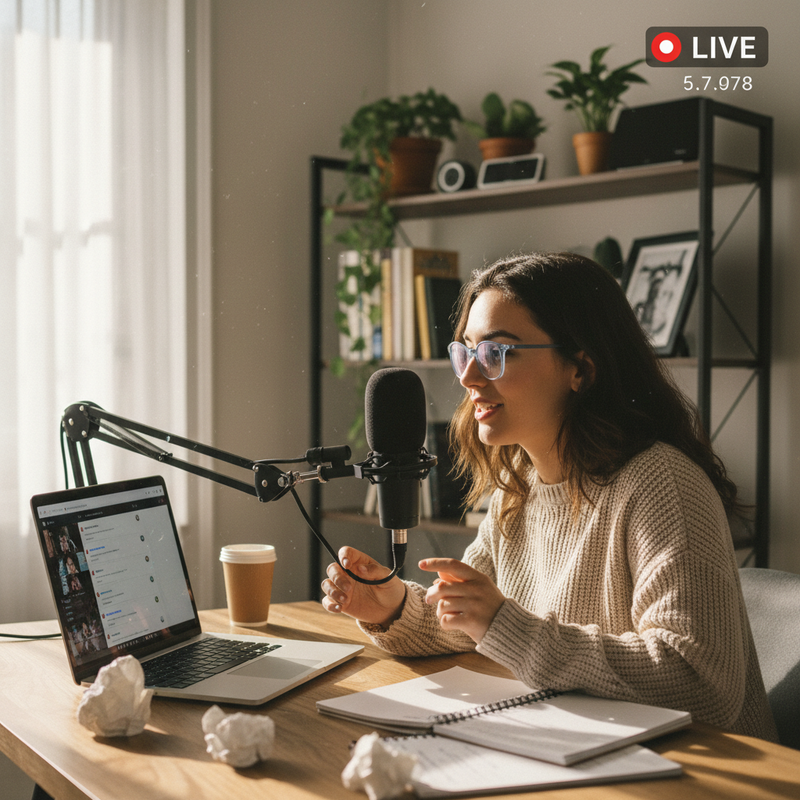 一位戴眼鏡的年輕女性 podcaster 正在家中的書房進行線上直播，她身穿米白色毛衣，專注地對著專業麥克風說話。她的筆記型電腦螢幕顯示著線上會議畫面，旁邊放著一杯咖啡和筆記本，桌上還有幾張揉成一團的紙。背景書架上擺放著書籍和綠色植物，營造出舒適的工作氛圍。