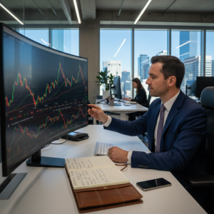 一位台灣的金融業分析師，在現代化辦公室裡專注地查看股票市場走勢圖，右手指著螢幕上的K線圖，研究投資策略，桌上擺著筆記本和智慧型手機，展現金融分析師的專業與日常。