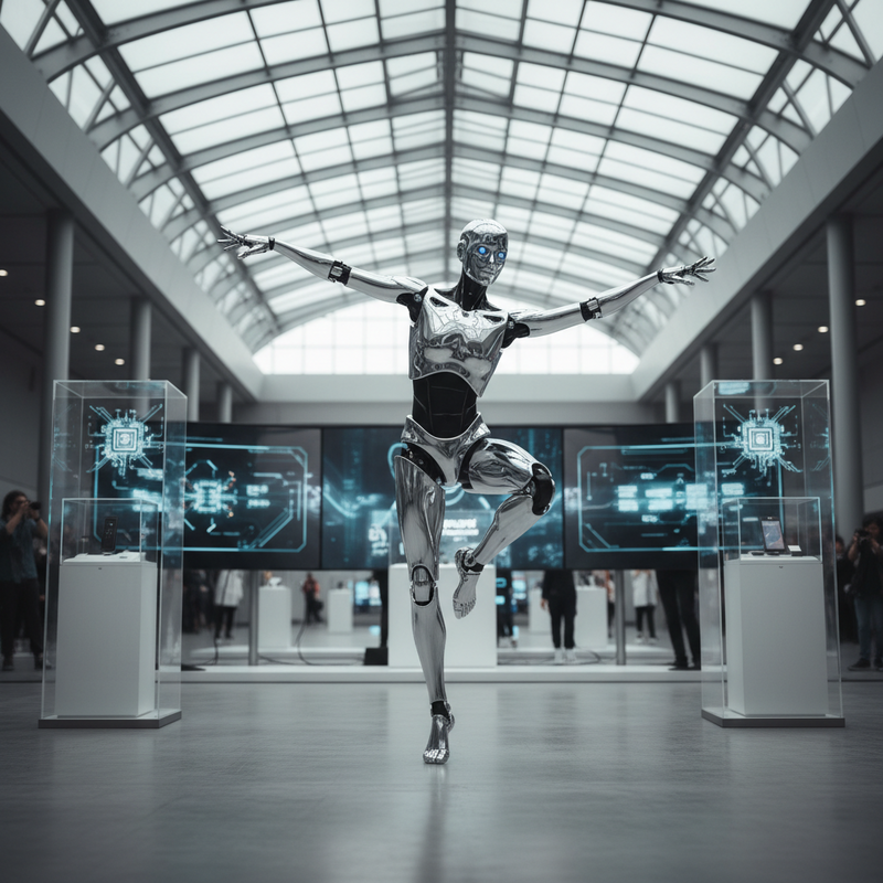 這張圖片呈現了一個未來感十足的展覽場景，中央是一位銀色金屬質感的AI機器人，擺出優雅的芭蕾舞姿。機器人有著發光的藍色眼睛，手臂張開，單腳獨立，展現了高科技的精準與藝術性。其周圍是展示AI科技的透明玻璃櫃，裡面發出藍色光芒，螢幕上顯示著電路板圖案與相關資訊。背景是寬敞且現代感的展覽廳，擁有大片玻璃屋頂，讓自然光灑落，整體氛圍科技感與藝術感兼具，完美詮釋了AI機器人在未來世界的發展與應用。