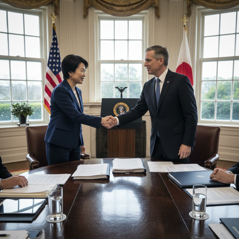 一位身穿深藍色西裝的亞洲女性和一位身穿深色西裝的西方男性在辦公室內握手，他們周圍的桌子上擺放著許多文件和筆記，桌子後方是美國和日本的國旗。
