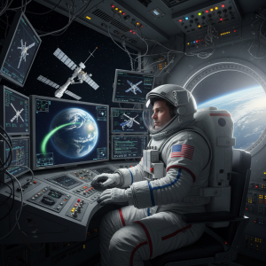 一位身穿白色太空衣的太空人在飛船的駕駛艙內，專注地操作著複雜的控制面板。他的周圍環繞著多個螢幕，顯示著地球、衛星軌道以及各種數據。透過駕駛艙的窗戶，可以看見地球與外太空的壯麗景色。