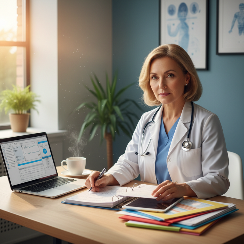 一位氣質出眾的女性醫師坐在辦公桌前，穿著白色醫師袍和藍色內搭衣，胸前掛著聽診器。她右手拿著筆，正在仔細審閱桌面上的文件資料，左手則輕按著文件，表情專注而專業。桌上還擺放著一台開啟的筆記型電腦、一杯熱飲、平板電腦和多疊彩色文件夾，背景是明亮的窗戶和簡潔的診間環境，散發著溫馨而專業的氛圍。