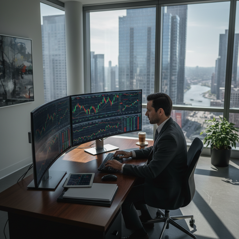 一位穿著西裝的金融交易員，坐在高樓層辦公室的木質書桌前，專注地操作三台曲面螢幕的電腦，螢幕上顯示著股票、期貨等金融市場的即時走勢圖。辦公室窗外是繁華的城市天際線和河流景觀，陽光灑落在室內，營造出專業而現代的金融交易氛圍。