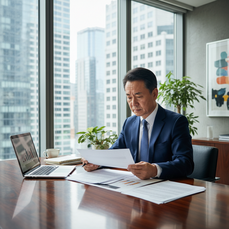 一位西裝筆挺的亞洲中年男性坐在辦公室裡，面向窗外的高樓景觀，專注地閱讀手中的文件。辦公桌上放著筆記型電腦、咖啡杯和筆記本，營造出專業的職場氛圍。