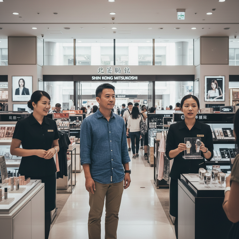 一位男顧客站在百貨公司明亮的精品手錶專櫃前，兩側各有一名女銷售員。左側的銷售員面帶微笑，右手輕輕交疊。右側的銷售員則手持手錶展示牌，向顧客介紹手錶款式，展現專業的百貨公司服務。