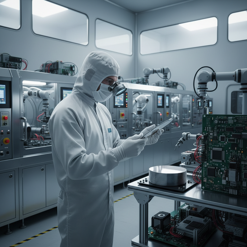 一位穿著白色無塵衣、戴著口罩和護目鏡的半導體工程師，正專注地操作平板進行晶圓檢測，身旁是先進的半導體製造設備與電路板，呈現高科技廠房的精密作業環境。