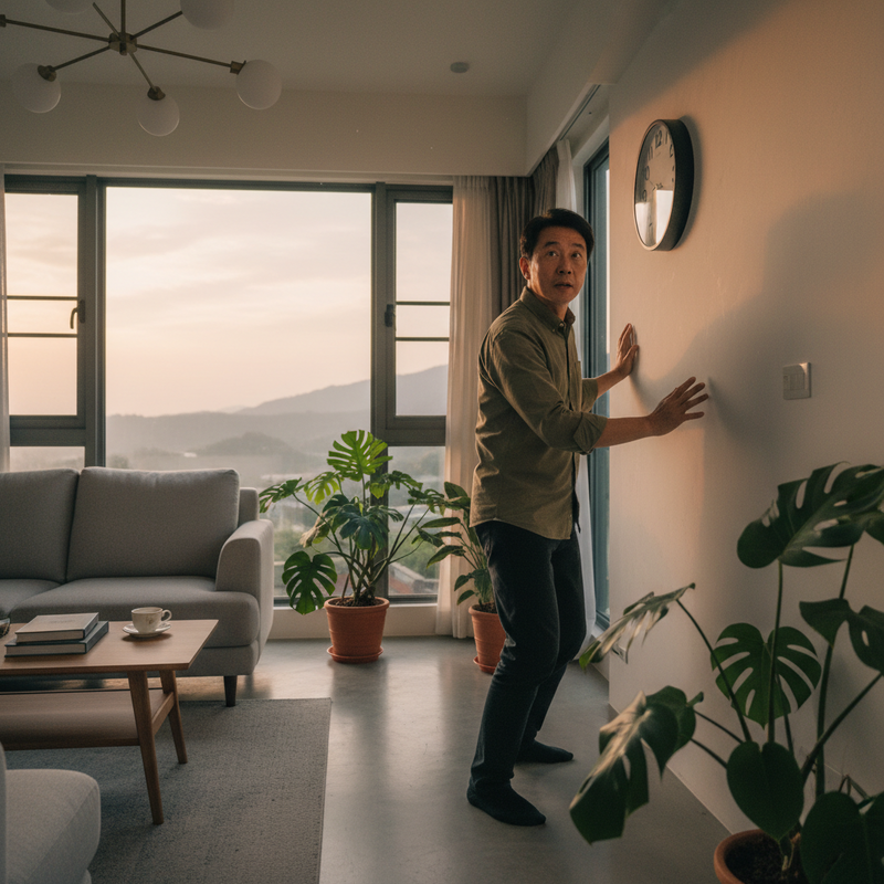 一位台灣中年男子在自家客廳中，臉上帶著警覺又有點害怕的神情，側身靠著牆壁，雙手輕輕扶著牆面，似乎正在仔細聆聽或觀察著什麼動靜。他身穿休閒襯衫與深色長褲，站立的姿勢略顯僵硬。客廳透過大片窗戶灑進溫暖的夕陽餘暉，窗外可見遠山景色。室內擺放著簡約現代感的沙發、茶几與多盆綠色植栽，營造出居家生活氛圍。牆上掛著一個黑色圓形時鐘，點綴著居家空間。