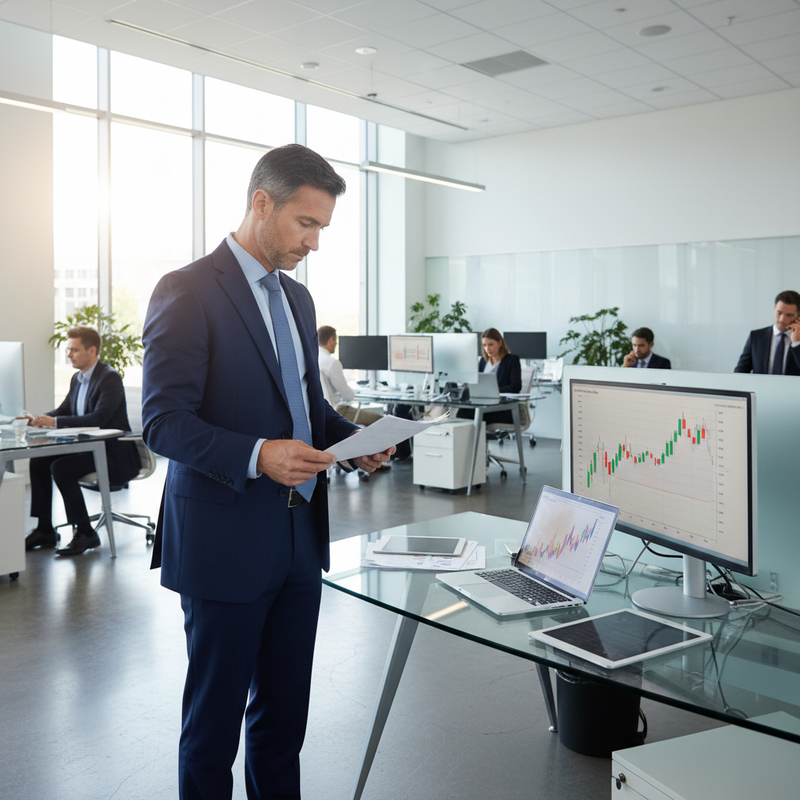 這張照片呈現一位身穿深藍色西裝的商務人士，正站在現代感十足的辦公室裡，專注地手持文件進行檢閱。他的身旁有張玻璃辦公桌，桌上擺放著筆記型電腦、平板電腦，以及一台顯示著股票市場分析圖的螢幕，詳細的綠色和紅色K線圖清晰可見，暗示著他可能正在進行股票投資或金融相關的分析工作。辦公室內的其他同事也各自在工作崗位上忙碌，整體氛圍專業而高效。