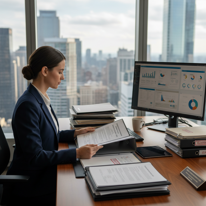 一位穿著深色西裝外套的專業女企業家，專注地坐在寬敞的辦公室裡，她面前的深色木質辦公桌上堆疊著多份重要文件和資料夾，桌子一側還有一個螢幕顯示著商業數據圖表。她正仔細審閱手中的文件，背景是城市高樓景觀，展現台灣企業環境中忙碌且高效率的工作氛圍。