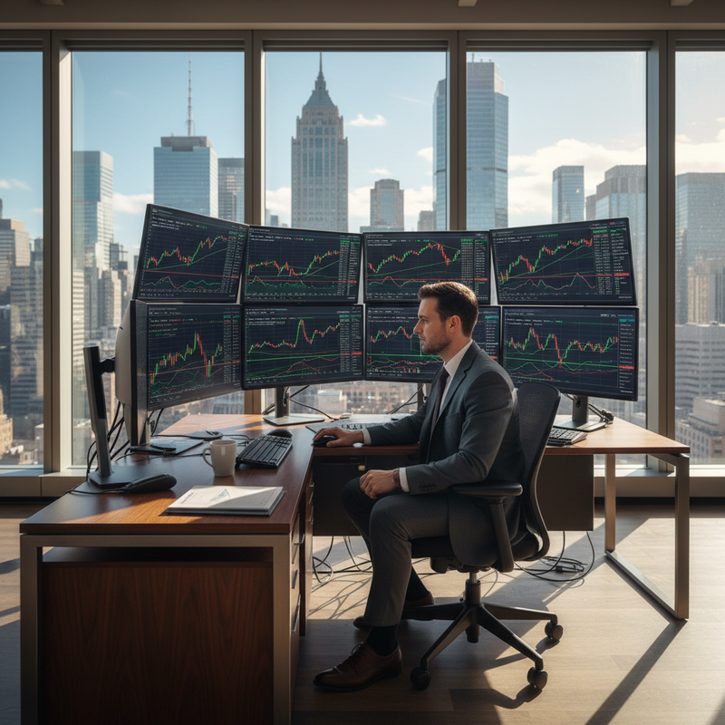 一位戴眼鏡的白人男性穿著藍色襯衫,專注地看著筆記型電腦螢幕上的股票市場圖表