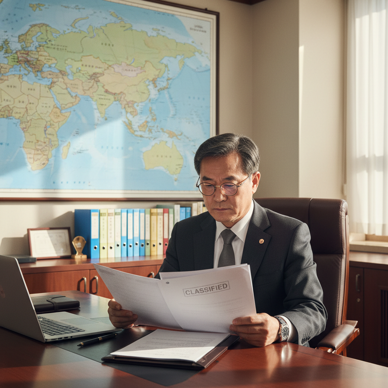 一位穿著西裝的亞洲商務人士戴著眼鏡，專注地在辦公室裡審閱一份標示為「機密」的文件，他坐在深色木質辦公桌前，桌上擺著筆記型電腦和文具，背景有一張世界地圖和文件櫃，整個場景顯得專業且嚴肅。