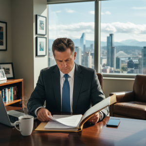 一位穿著深灰色西裝、藍色領帶的台灣專業律師，正坐在高樓層辦公室的木質書桌前，專注地翻閱著一份重要的法律文件。窗外是繁華的城市景觀，遠處可見高樓大廈與山景，桌上放有筆記型電腦、咖啡和手機，呈現專業且忙碌的律師工作日常。