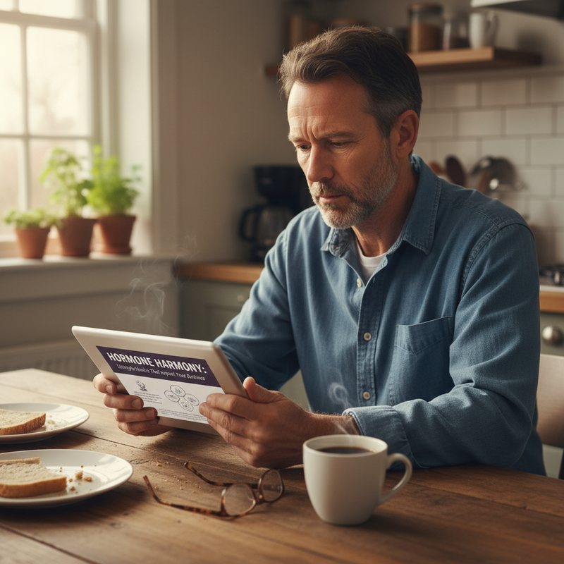 一位中年男性坐在台灣居家風格的廚房餐桌前，專注地看著平板電腦。桌上放著簡單的早餐和咖啡，營造出寧靜的早晨時光，展現台灣人注重居家生活品質的一面。