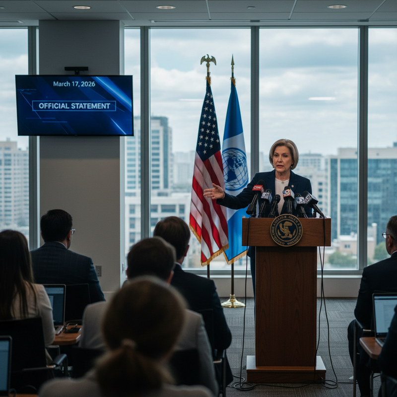 一位女性講者在記者會上，面對麥克風和聽眾，身後是美國國旗和另一個組織旗幟，螢幕上顯示「OFFICIAL STATEMENT」和日期「March 17, 2026」。她正發表官方聲明，手勢說明著重點，下方坐著許多記者或聽眾，專注地聆聽並記錄。