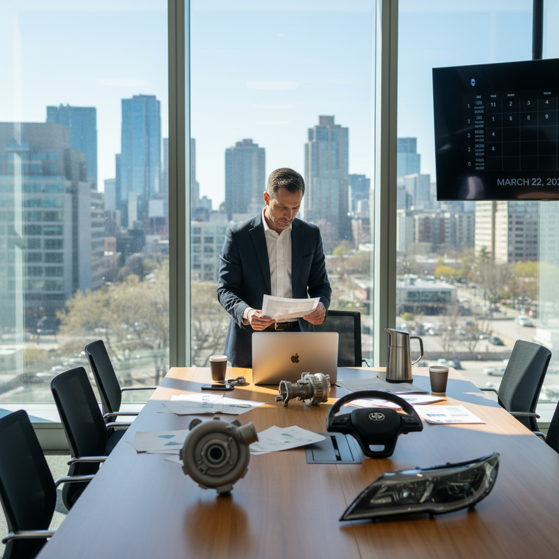 一位穿著西裝的商務人士站在現代辦公室的大片落地窗前，俯瞰城市景觀，他手中拿著文件正在審閱。會議桌上擺放著多樣的汽車零件，包含方向盤、車頭燈、渦輪增壓器以及其他機械零件，還有筆記型電腦和咖啡杯。