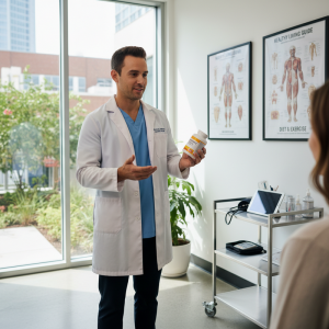 一位穿著白袍的醫師在診間向病患解釋藥物資訊，他手上拿著一罐保健食品或藥品，並用另一隻手比劃強調，背景是明亮的落地窗，窗外可見城市景觀與綠色植物。診間內還有一個醫療推車，上面擺放著平板電腦和其他醫療用品。