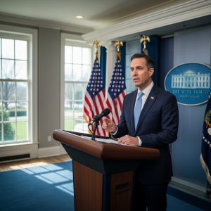 一位穿著深藍色西裝、淺藍色領帶的政府官員，站在白宮新聞簡報室的木質講台上，右手比劃著，神情嚴肅地對麥克風發表談話。背景是兩面美國國旗和白宮的橢圓形標誌，窗外灑進明亮的陽光，整體營造出莊重而正式的記者會場景。