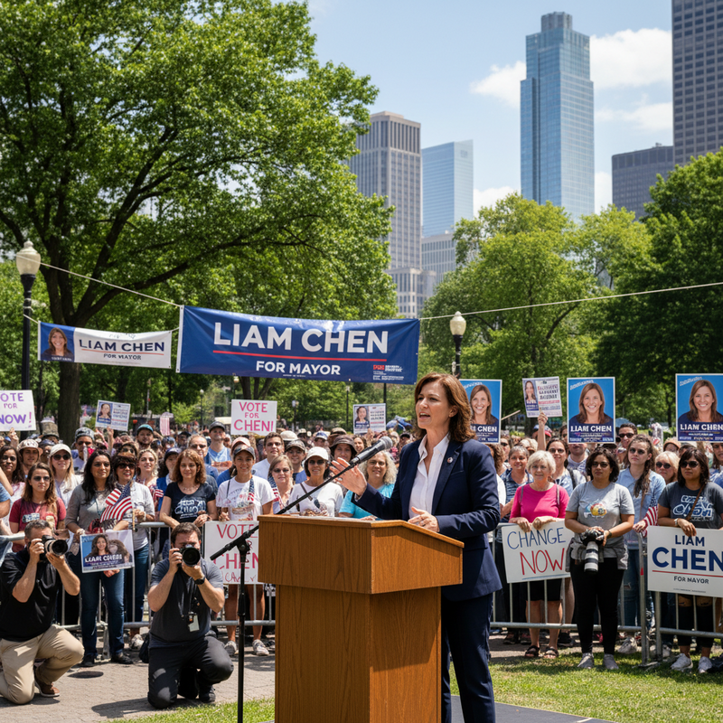 一位女性候選人Liam Chen在戶外政治造勢場合發表演說，她身穿深藍色西裝外套，站在木製講台上，台前擺放著麥克風。背景是支持者群眾，他們手持寫有「VOTE FOR CHEN」和「LIAM CHEN FOR MAYOR」的標語牌，後方掛有大型「LIAM CHEN FOR MAYOR」布條。整個場景充滿了選舉活動的熱烈氛圍，遠處可見城市高樓建築，天空湛藍，陽光普照。