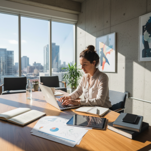 一名專注的女性在現代辦公室內，透過筆記型電腦處理公事。她坐在木質會議桌旁，桌上擺有文件、平板電腦、咖啡杯和水瓶，窗外是高樓林立的城市景觀。