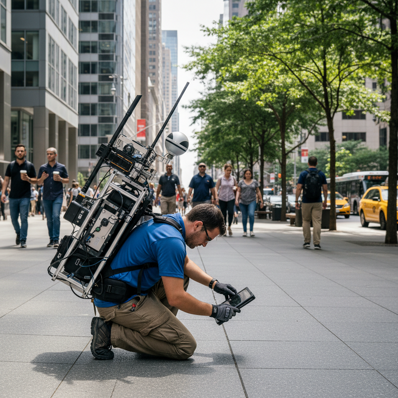 一位穿著藍色上衣和卡其褲的男子，正蹲在台北市區人行道上操作一台平板電腦，他背著一個巨大的黑色測繪設備，上面有許多線路與感測器。背景是繁忙的城市街道，有高樓大廈、樹木以及行人，呈現出現代都市中進行精密測繪作業的場景。