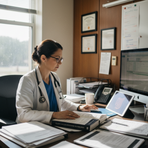一位台灣女醫師在辦公室內，戴著眼鏡，身穿白色醫師袍和藍色內搭衣，專注地坐在木質書桌前閱讀一本厚重的醫學書籍，書名為「COLON CANCER SCREENING GUIDELINES」。她的左手輕放在書頁上，右手則放在一張藍色筆記本旁。桌上堆滿了文件資料，還有一個馬克杯和一支筆。後方木櫃上掛著多張證書，窗外光線明亮。右側電腦螢幕上顯示著病患資料，旁邊的平板電腦則顯示著大腸的解剖圖，這位女醫師正在利用閒暇時間學習最新的醫學知識。