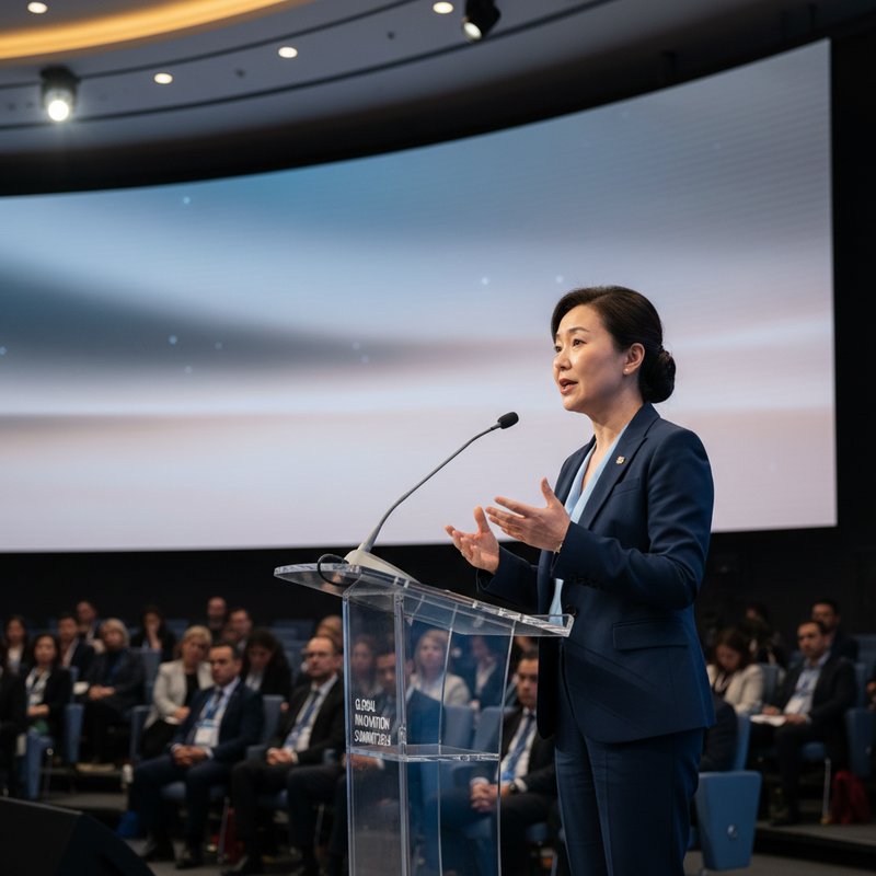 一位亞洲女性在國際創新峰會上發表演說，她穿著深藍色西裝，站在透明講台後方，身後是巨大的弧形螢幕，展示著抽象的藍色背景，台下坐滿了西裝革履的聽眾。