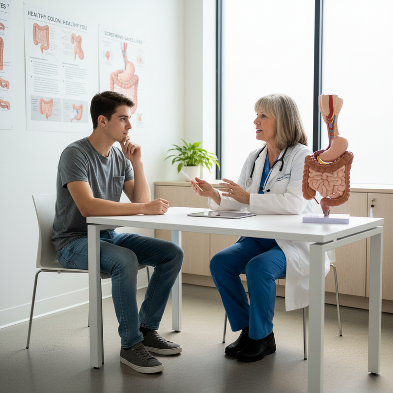 一位資深女醫師在診間與年輕男病患進行諮詢，桌上擺放著一個消化系統模型，背景牆上也有相關的消化道健康海報，營造出專業的醫療諮詢氛圍。