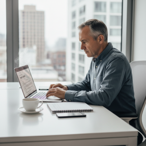 一位穿著藍色襯衫的中年男子坐在辦公室的白色桌子前，專注地使用筆記型電腦工作，旁邊有一杯熱咖啡冒著煙。窗外是城市的高樓大廈，展現專業的辦公環境。