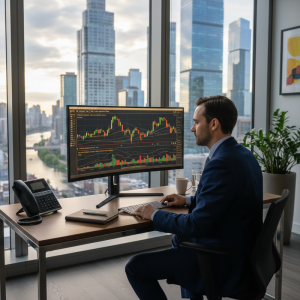 一位穿著西裝的專業男性，坐在現代高樓辦公室的大片落地窗前，專注地看著電腦螢幕上的股票交易圖表。辦公桌上擺放著電話、筆記本和咖啡，窗外是繁華的城市天際線和遠方的河流，展現台灣金融專業人士的日常。