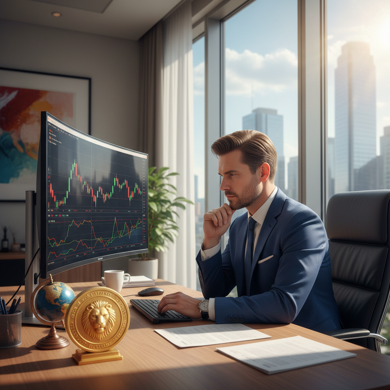 一位穿著藍色西裝的台灣商務人士,專注地坐在辦公桌前,透過電腦螢幕分析股票市場的走勢圖。窗外是台北市的都會景色,辦公桌上擺放著象徵金融的獅子獎座和地球儀,整體營造出專業且高效率的投資理財氛圍。