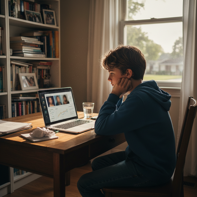 台灣國小學童透過筆記型電腦進行線上學習,螢幕顯示課程與視訊畫面