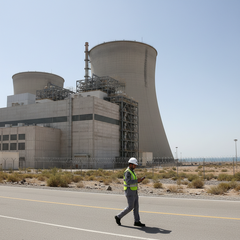 一位穿著反光背心和安全帽的工程師，在台灣核能發電廠外的柏油路上行走，背景是巨大的冷卻塔和建築，展現台灣核電廠的專業與規模。