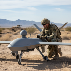 一名美軍士兵在沙漠中蹲下，正在檢查一架大型灰色軍用無人機，這架無人機有著流線型的機身和兩片機翼，下方還有攝影機，看起來是為監控和偵察任務設計。背景是廣闊的沙漠，遠處可見低矮的山脈和一輛軍用車輛，展現出軍事演習或實戰部署的場景，突顯了現代戰場上無人機技術的重要性。