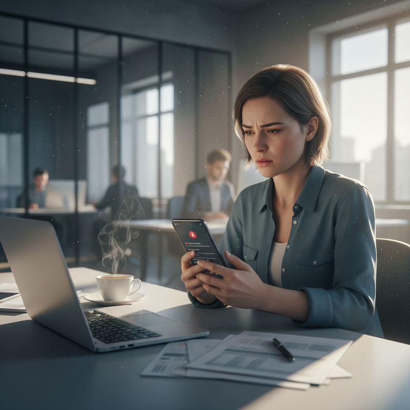 年輕女性在辦公室困惑看手機錯誤訊息