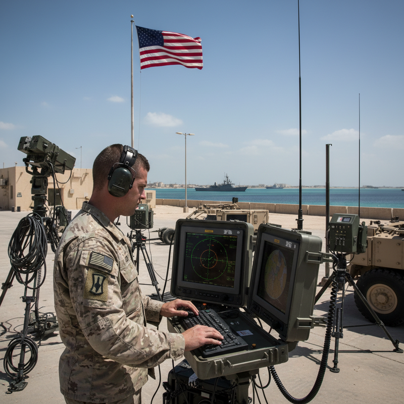 美軍士兵於戶外操作軍用雷達設備,監控作戰資訊