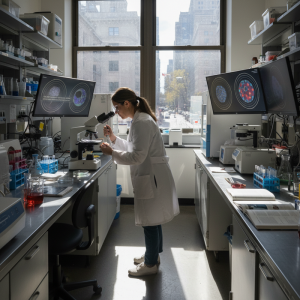 一位台灣女性科學家在現代實驗室中，專注地使用顯微鏡進行研究，周圍擺滿了實驗器材和試劑，窗外是台灣都市街景。