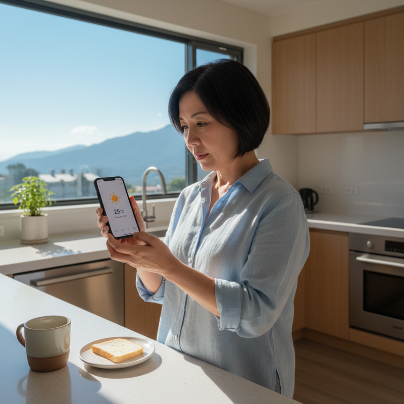 一位亞洲女性在明亮的廚房中，手持智慧型手機查看天氣預報，手機螢幕顯示25度C和太陽圖示，窗外是藍天與山景，桌上擺著咖啡和一片吐司，營造出悠閒的居家生活感。