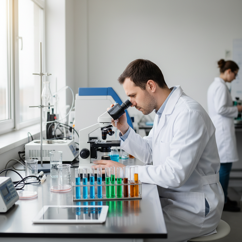 一位年輕的男性科學家在明亮的實驗室裡，專注地使用顯微鏡觀察樣本，桌上擺滿了裝有彩色液體的試管和其他實驗器材。