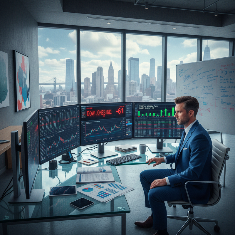 一位專業的金融交易員，身穿藍色西裝，專注地坐在高樓辦公室內，面對著三台顯示著股票市場數據和圖表的電腦螢幕。辦公桌上擺放著文件、平板和咖啡杯，背景是台北市區的繁華天際線，窗外可見高樓大廈和遠處的橋樑，營造出忙碌且充滿機會的股票市場氛圍。