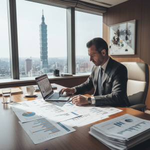 一位西裝筆挺的商務人士坐在高樓層的辦公室裡，專注地使用筆記型電腦和查看桌上散落的財務報表，窗外可見台北101大樓，展現了專業且繁忙的台灣金融工作情境。