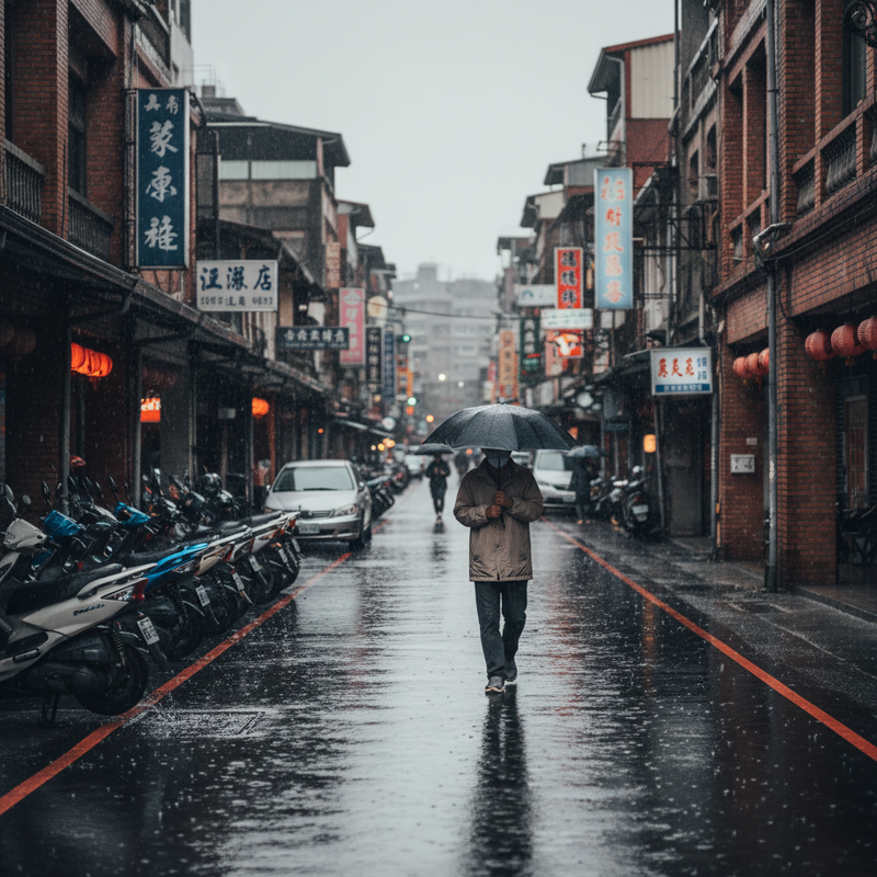 一位穿著米色外套和深色長褲的行人，撐著一把黑色雨傘，走在下著雨的台灣老街上，地面濕漉漉地反射著街燈和招牌的光芒。街道兩旁停滿了機車，還有一些傳統的舊式建築，懸掛著繁體中文的招牌和紅燈籠，展現出台灣特有的街景風情。