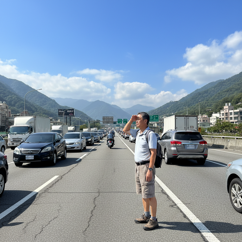 一位中年男子站在台灣山區的高速公路塞車陣中，一手遮陽望向遠方，他身穿淺藍色Polo衫、短褲與登山鞋，背著黑色後背包，周圍是被車輛堵塞的雙向車道，遠處可見層疊的山巒與藍天白雲。