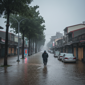 一名穿著深色雨衣的男子在台灣淹水的街道上獨自前行，滂沱大雨中路旁的樹木與停放的車輛都浸泡在水中，遠處的招牌霓虹燈在灰暗的雨天中格外顯眼。